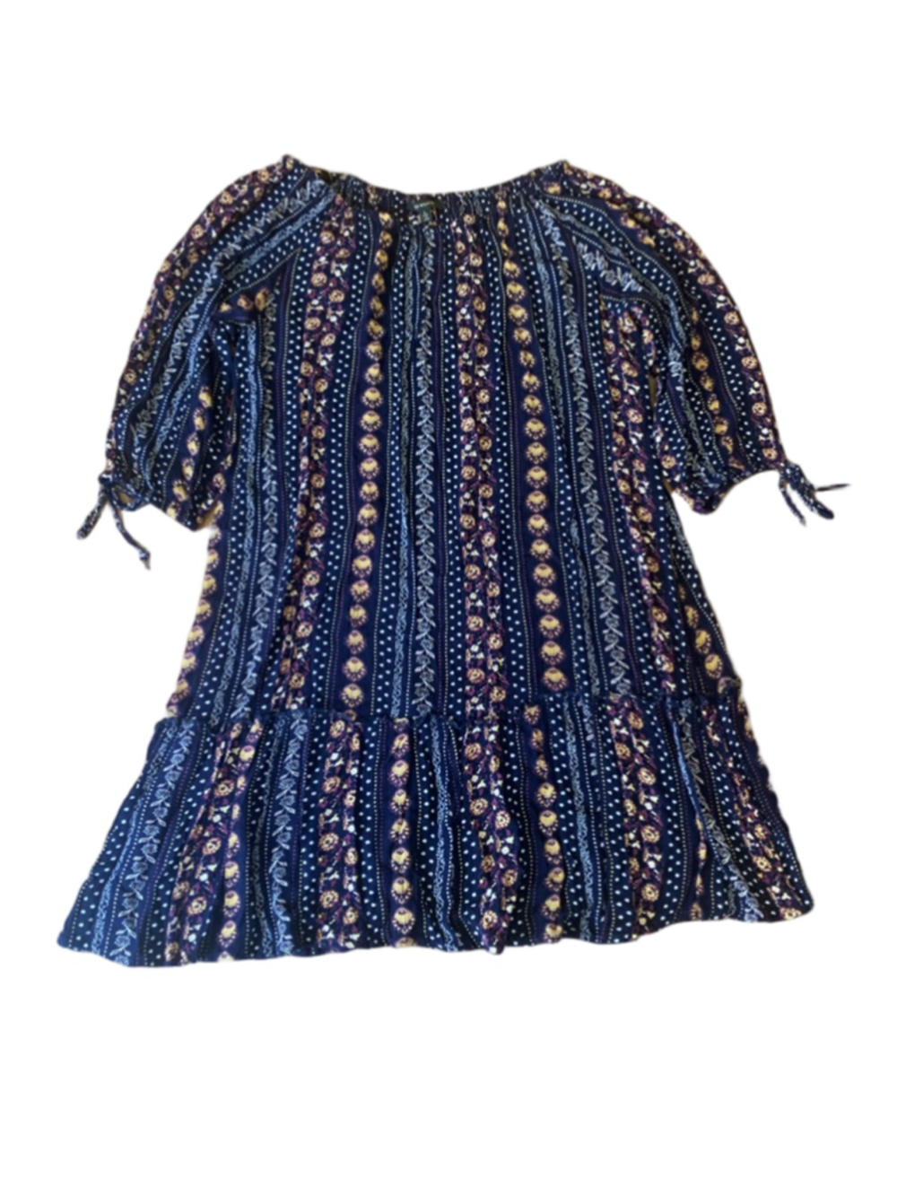 Ellen Weaver Dress Large Navy Blue Yellow Red Floral / Stripe Pattern
